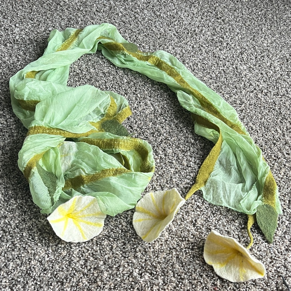 Light Green Scarf with Yellow Felted Trim and Floral Petals